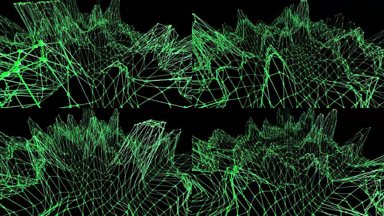 抽象干净的绿色挥舞着3D网格或网格作为光辉的背景。绿色几何振动环境或脉动数学背景。