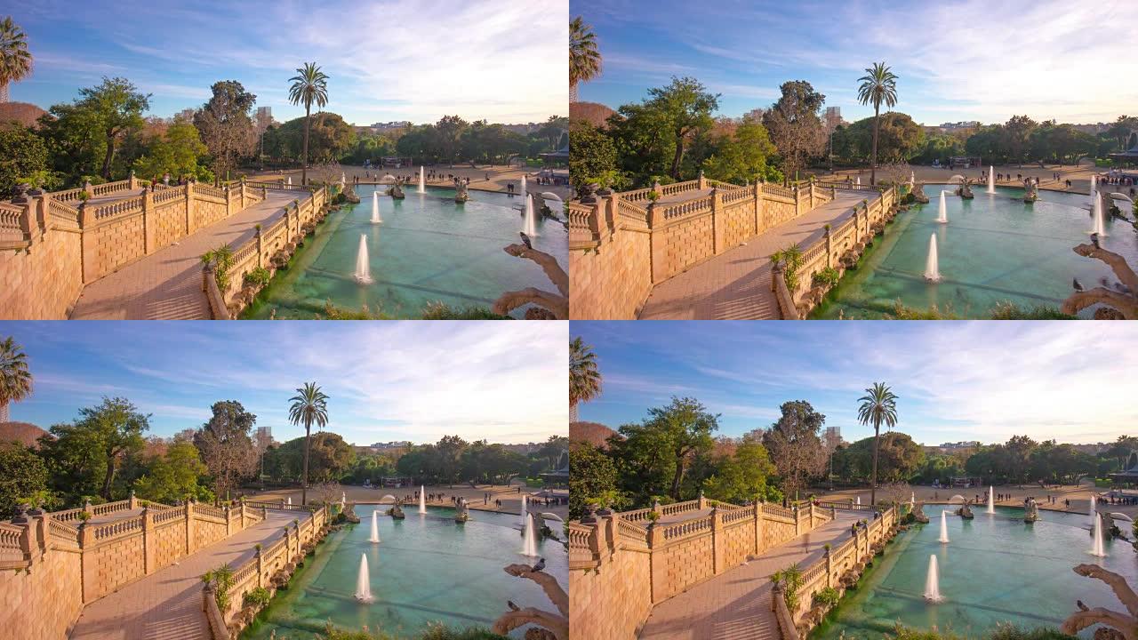 西班牙巴塞罗那日落高景在ciutadella公园喷泉4k时间流逝