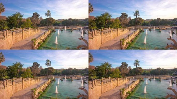 西班牙巴塞罗那日落高景在ciutadella公园喷泉4k时间流逝