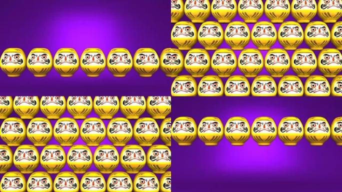 在紫色背景上堆叠黄色幸运达鲁马娃娃