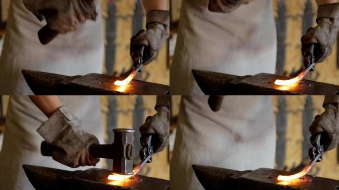 铁匠用锤子锻造空白金属，特写镜头