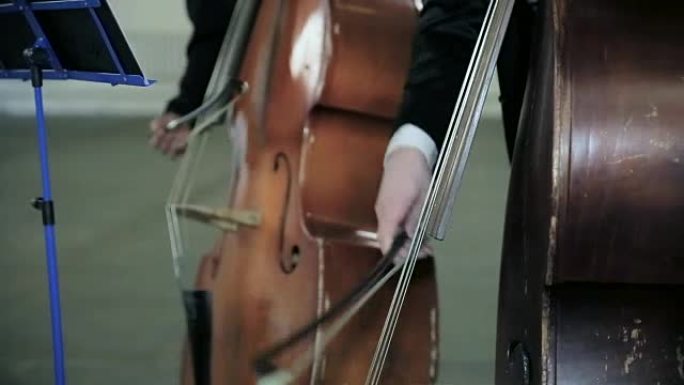 低音提琴琴弦演奏音乐架。特写