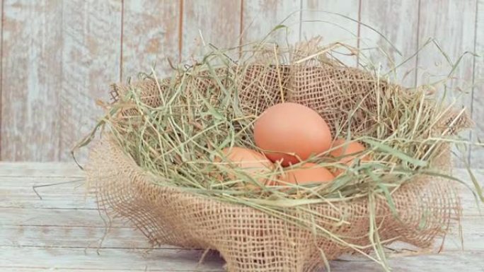 装饰稻草巢中的鸡蛋