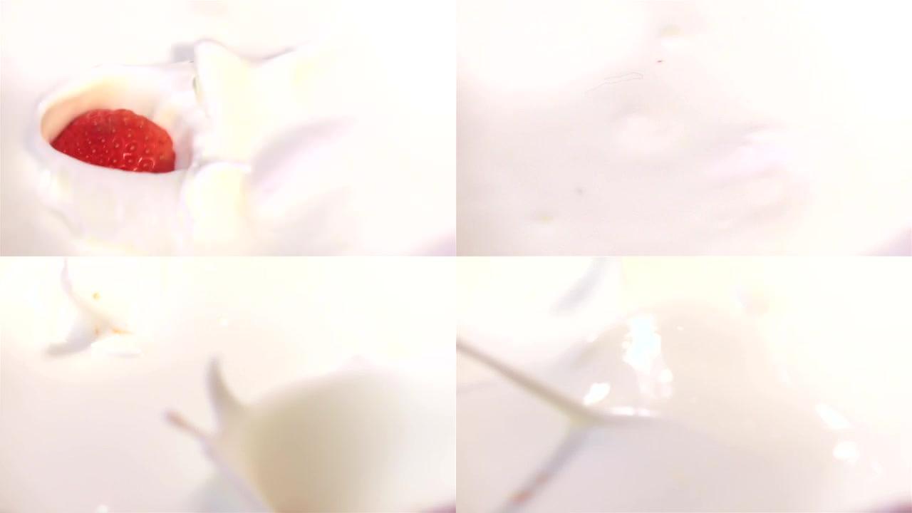 草莓掉进酸奶的两个视频 -- 真正的慢动作