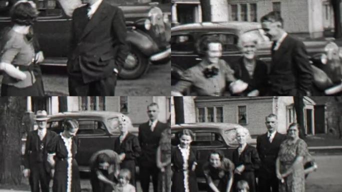 1938: 骄傲的家庭摆姿势经典30的车的前院。