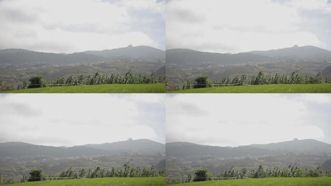 绿色的田野，山脉和灰色的夏日天空，云彩。大风天气。葡萄牙Cabo da roca汽车站的景观