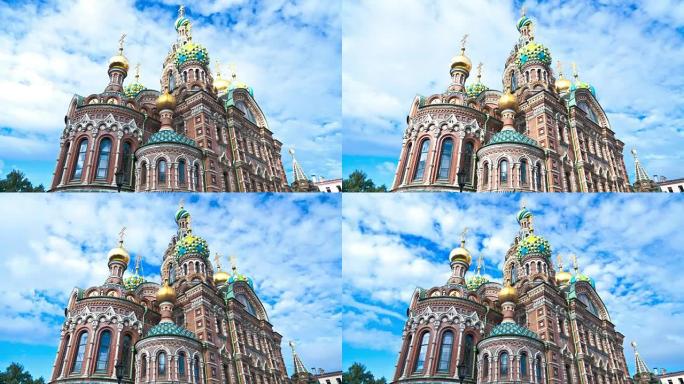 洒出鲜血的救世主教堂。圣彼得堡。俄罗斯。延时