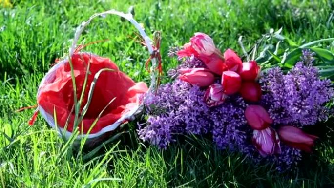 绿草背景上的丁香花和郁金香篮