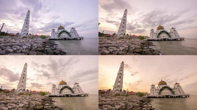 马六甲海峡清真寺日出的延时镜头