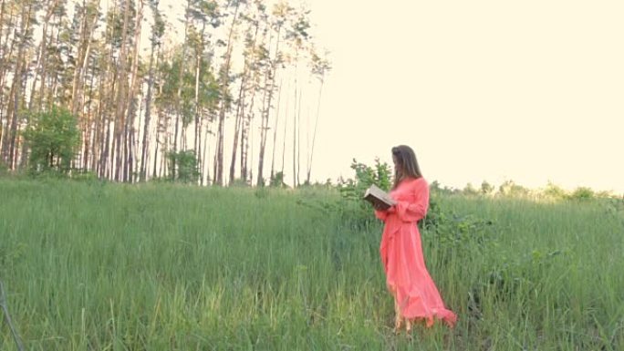 一个穿着晚礼服的女孩在草地上看书