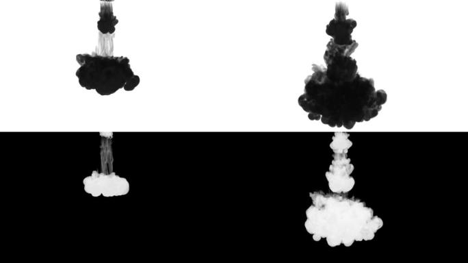 一股墨水流，注入黑色染料云或烟雾，墨水以慢动作注入白色。黑色水粉漂浮在水中。漆黑的背景或烟雾背景，用