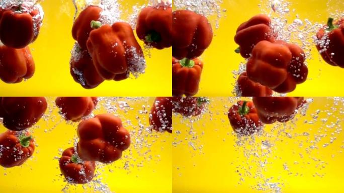 红辣椒在慢动作中掉入水中