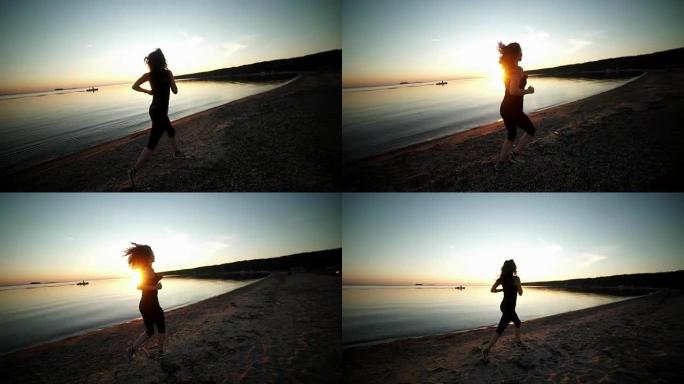 日落时分，在海洋附近的海滨长廊上户外跑步的运动女性