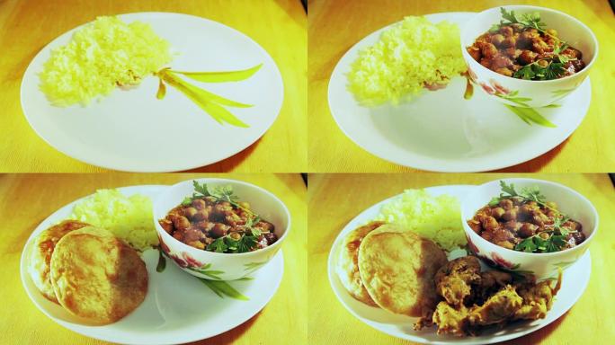 印度午餐盘。米饭，鹰嘴豆汤，poori，pakora