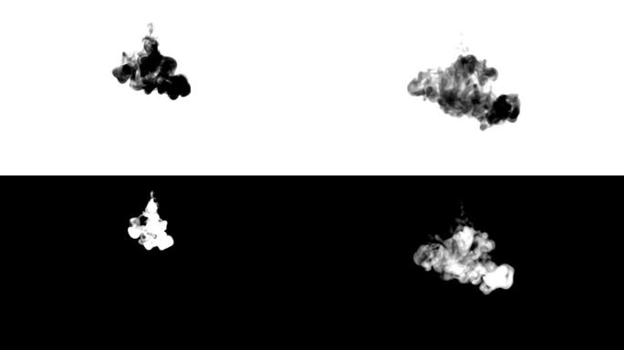 黑色墨水在白色上流动，以慢动作，墨水或烟雾注入。黑色油漆在水中喷涂，以产生墨黑或烟熏的背景或墨水效果