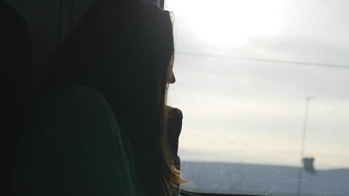 坐火车时看着窗户的年轻女子。在铁路上旅行的迷人女孩的简介。