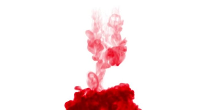 液体中的一滴墨水。红色油漆在水中卷曲，以慢动作移动。用于漆黑的背景或带有烟雾或墨水效果的背景，阿尔法