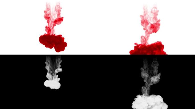 液体中的一滴墨水。红色油漆在水中卷曲，以慢动作移动。用于漆黑的背景或带有烟雾或墨水效果的背景，阿尔法