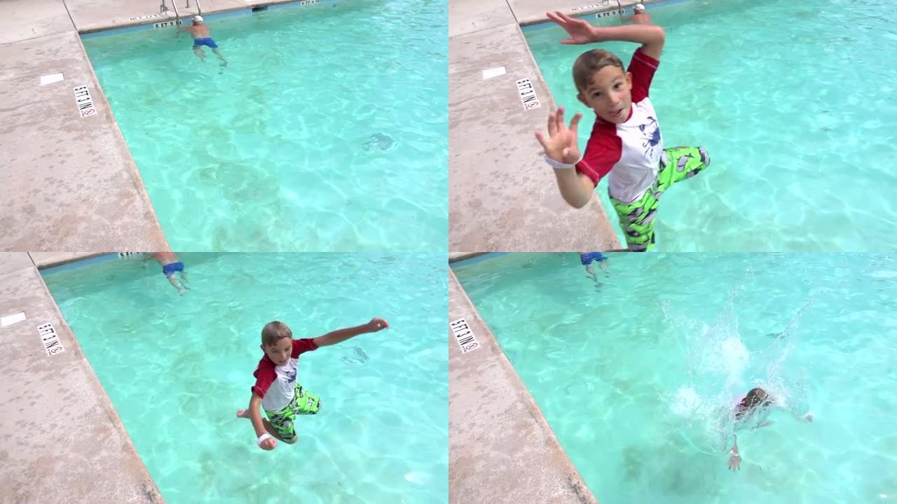 小男孩跳进游泳池慢动作