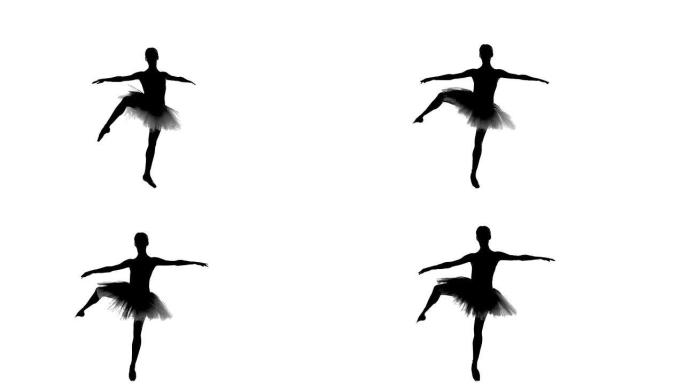 芭蕾舞女演员在芭蕾舞短裙中展示了她的技术，轮廓，慢动作