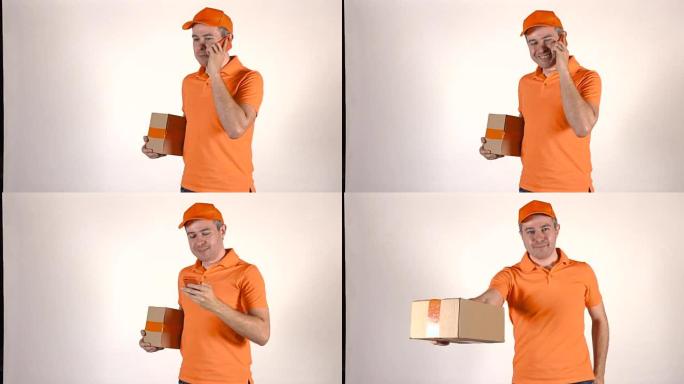 穿着橙色制服的帅哥在手机上聊天，送包裹。浅灰色背景，全高清工作室照明镜头