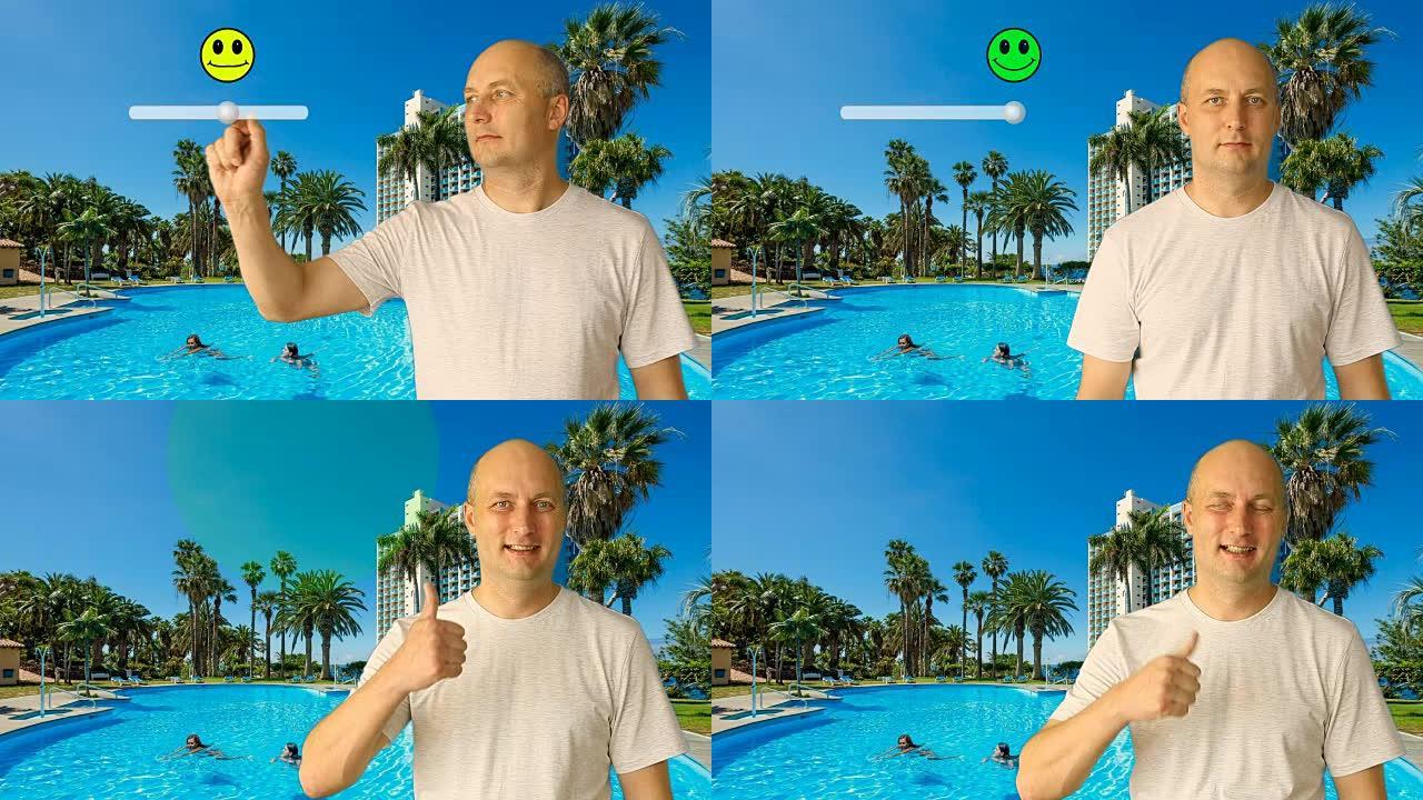 以游泳池为背景的人评估度假胜地。人的上半部分特写镜头。虚拟屏幕滑块由成年男性的手移动。水疗情绪微笑屏