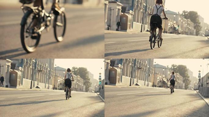 自行车车轮关闭。女子自行车城。女子骑自行车