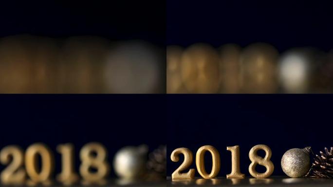 移动焦点装饰金色数字2018和奇斯玛球新年快乐和圣诞快乐2018背景概念，4K Dci分辨率