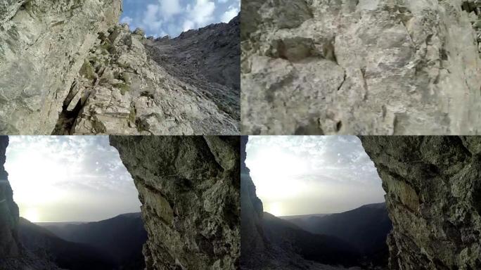 爬山者pov从头盔相机攀登到希腊危险的奥林巴斯峰会