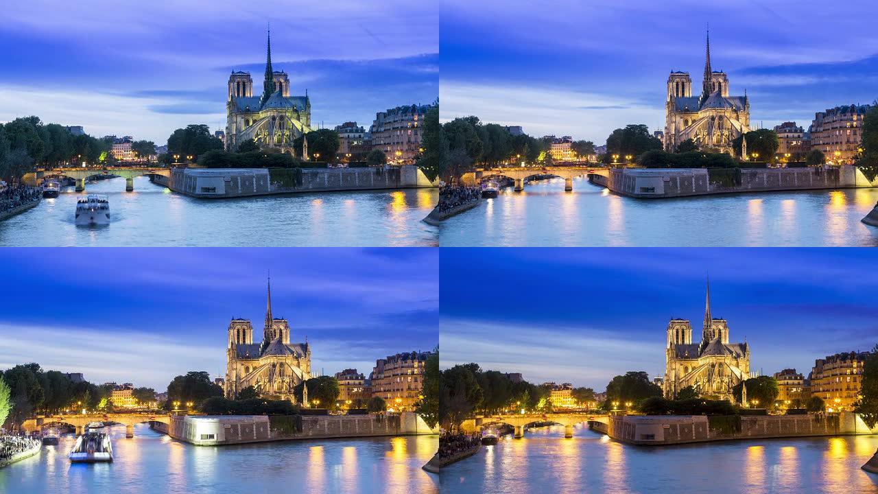 巴黎圣母院大教堂和塞纳河夜晚