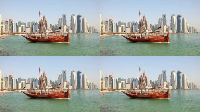 多哈的传统阿拉伯单桅帆船。卡塔尔