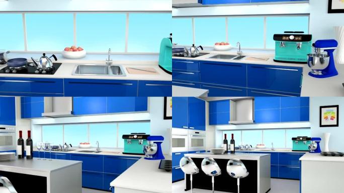 蓝色协调的现代厨房内部
