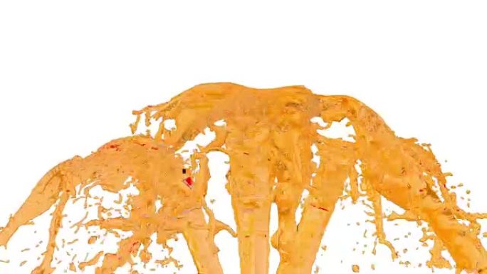 橙色的喷泉流在空气中飞起，并有许多飞溅。慢动作拍摄橙色液体，如糖浆或甜柠檬水，阿尔法通道为luma哑