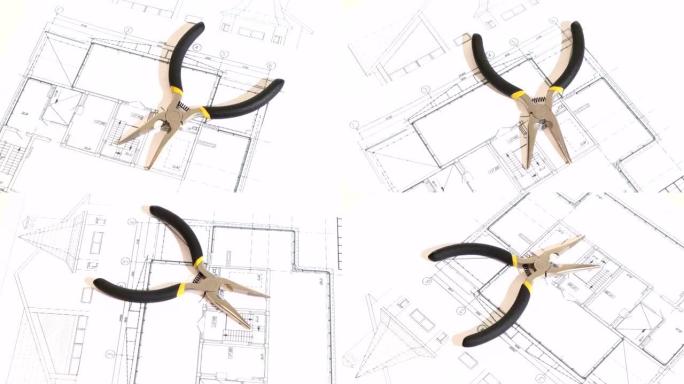 建筑平面图、方案、旋转上的灰色和黄色圆嘴钳