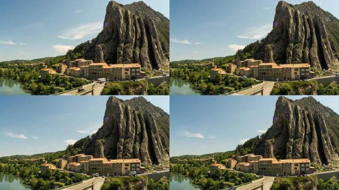 Sisteron村大桥和Rocher de la Baume rock交通时间流逝