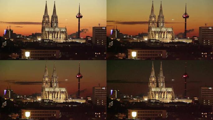 德国哥特式大教堂日夜缩时，科隆天际线。欧洲、文化和风景的美丽照片。旅游观光，旅游景观德国地标。世界旅