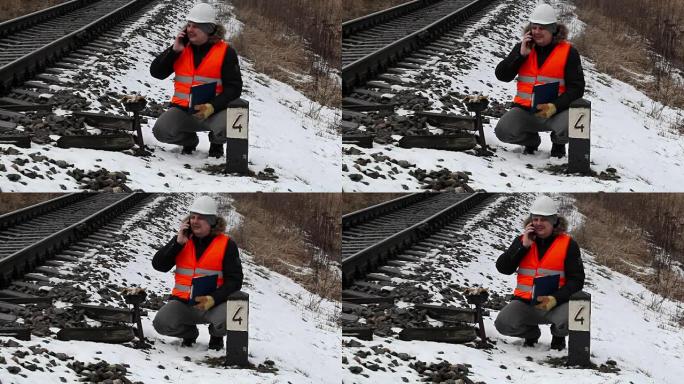铁路工人在铁路附近的智能手机上进行文档交谈