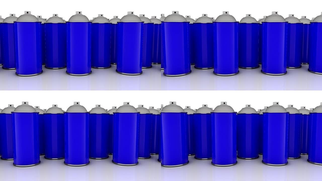 蓝色成排的彩色喷雾罐