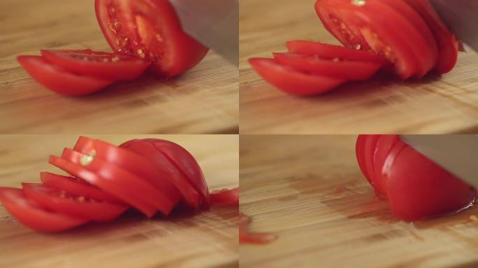 用银刀在木盘上切番茄。