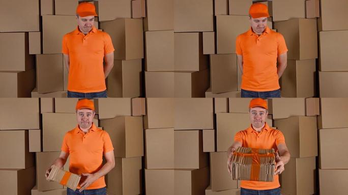 穿着橙色制服的快递员将损坏的包裹运送给客户。棕色纸箱背景。缺陷和不专业的工作概念。全高清工作室拍摄