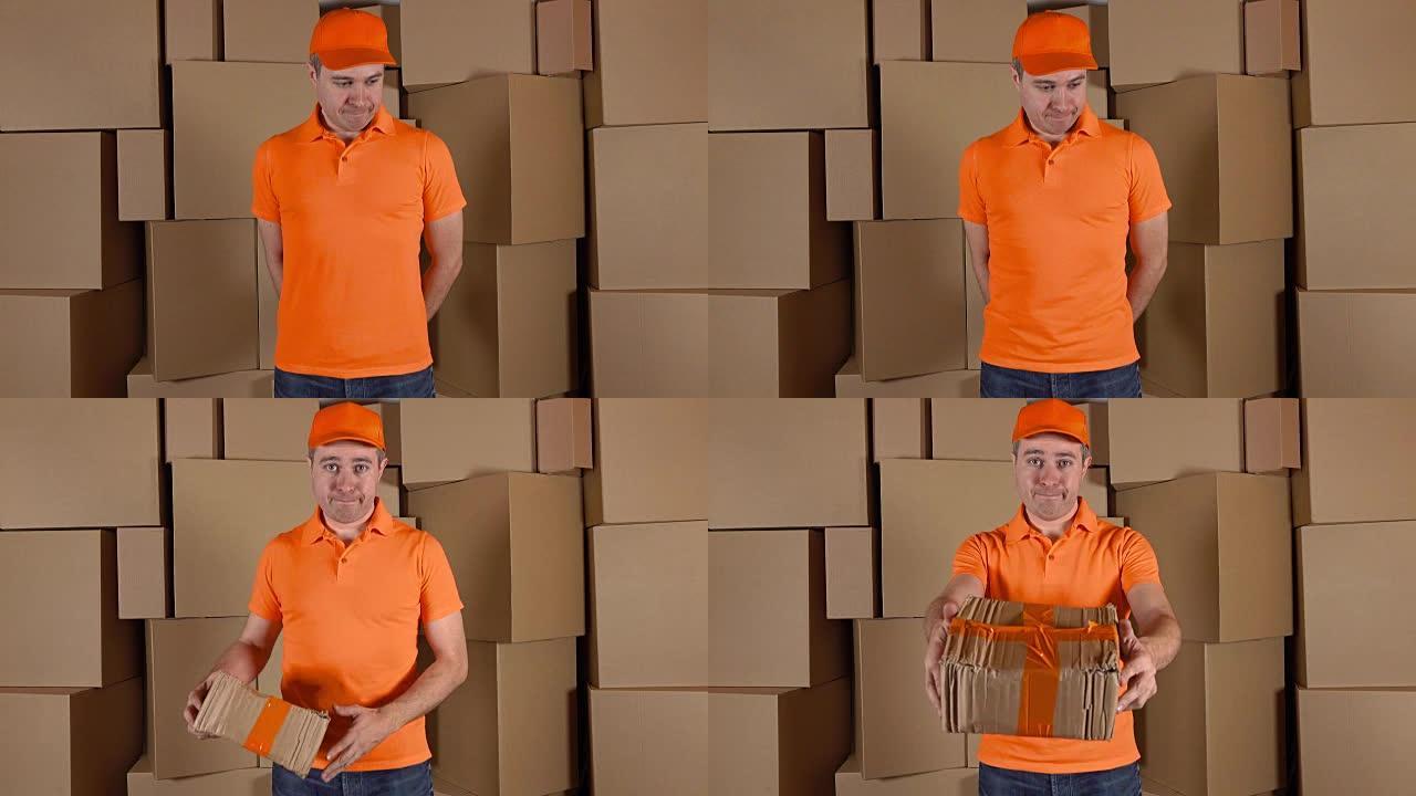 穿着橙色制服的快递员将损坏的包裹运送给客户。棕色纸箱背景。缺陷和不专业的工作概念。全高清工作室拍摄
