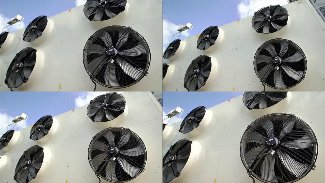 现代工厂中的大型工业风扇。用滑块射击