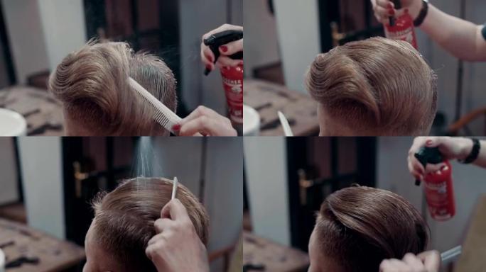 女理发师用喷雾和梳子制作发型，慢动作，特写