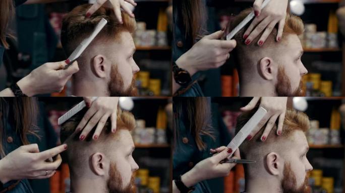 女理发师用剪刀和梳子剪掉客户的声音，特写