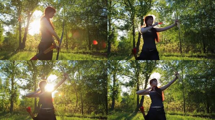 女性姜毛弓箭手用她的弓箭射击目标，手头上有自制的梅亨迪指甲花纹身