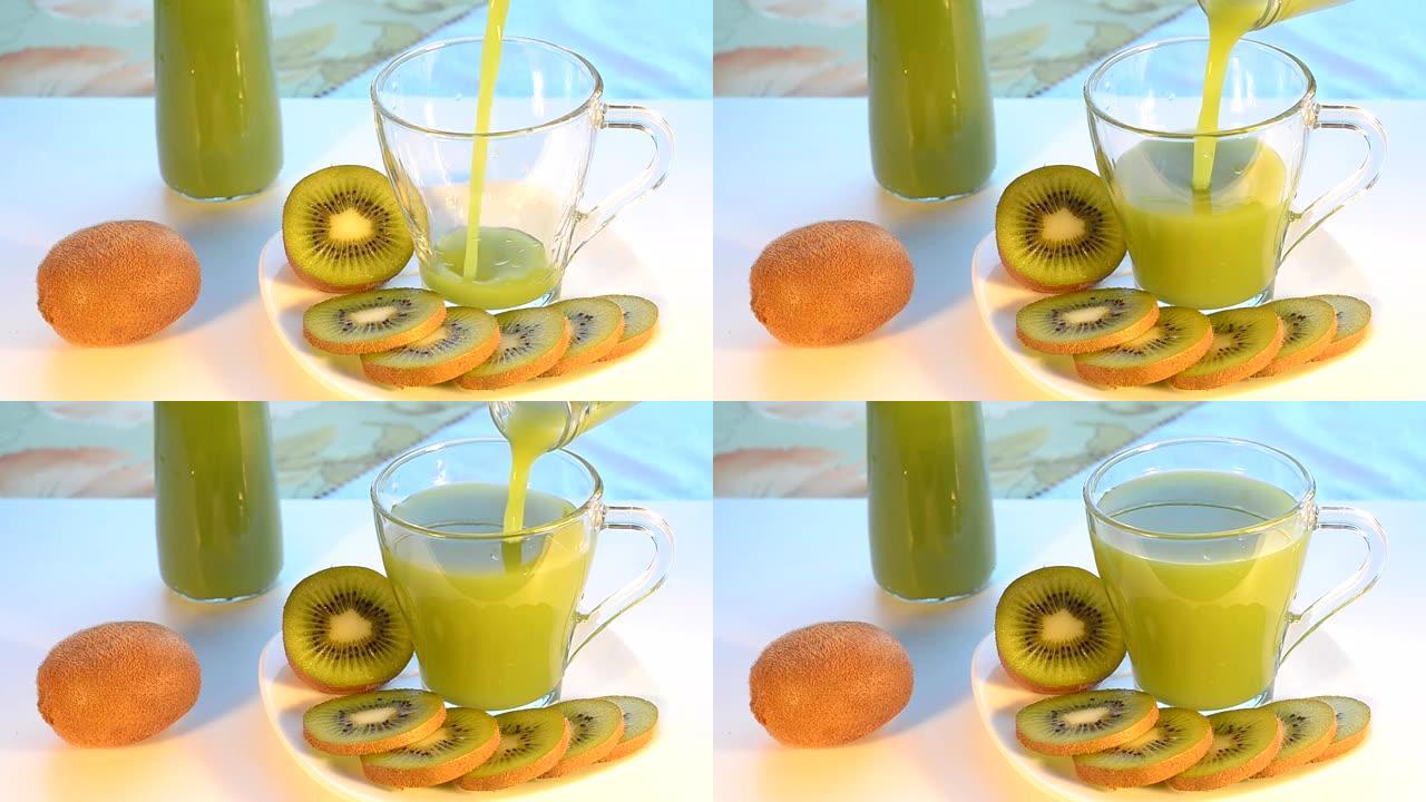 猕猴桃汁倒入玻璃杯中，接下来是盘子上的水果。选择性聚焦。