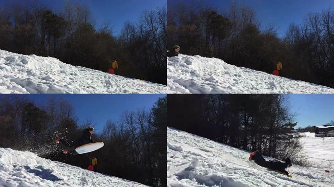 小男孩跳雪坡道和飞行