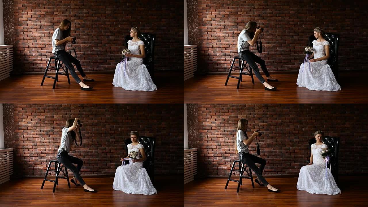 摄影师和扶手椅上的新娘