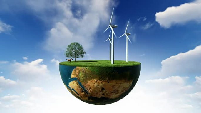 环境概念，地球仪支撑风力涡轮机，亮度哑光