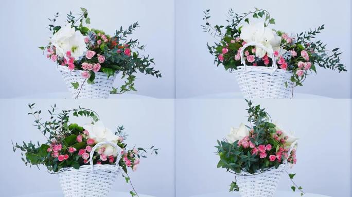 花，在白色背景上旋转，组成由孤挺花白色，玫瑰lydia，Santini，cineraria，桉树，常